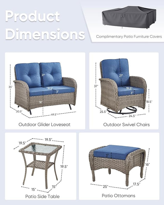 6 Pieces Patio Wicker Furniture Set-Outdoor Swivel Chairs Set of 2 Outdoor Glider Love seat with Outdoor Footstool Patio Furniture for Deck Porch Garden Balcony Poolside-Grey/Blue