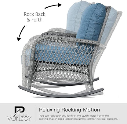 Patio Furniture Set 3 Pieces, Wicker Rocking Bistro Set with Thick Cushions, Outdoor Rocker Chairs and Coffee Table for Porch, Backyard or Garden (Blue)