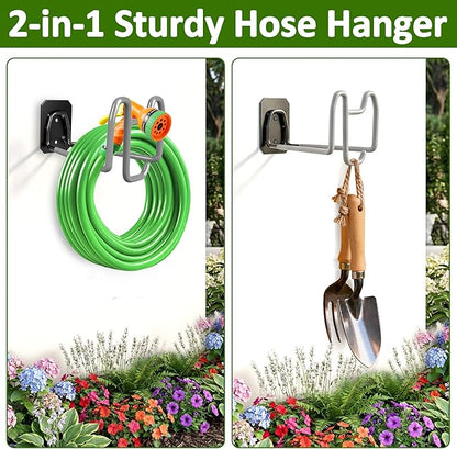 Garden Hose Holder with Hook - Heavy Duty Garden Hose Hanger with Sprayer Storage Design, Wall Mount Water Hose Storage for Outside Yard Lawn and Garage