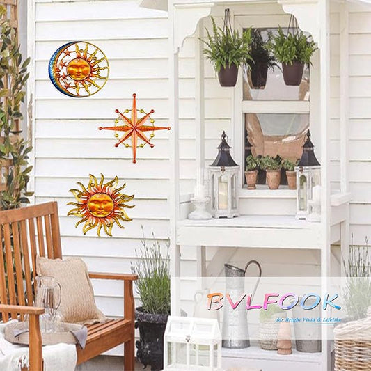 Sun Moon Star Metal Wall Art, Glass Sun Face Weird Decor, Set of 3, Valentine Wall Decor for Patio Garden Balcony Porch Yard, Farmhouse Bedroom Living Room Wall Decorations