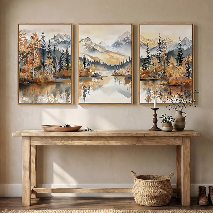 Framed Mountain Forest Landscape Wall Art for Living Room, 3 Piece Orange Neutral Scenic Print Canvas Artwork for Walls, Large Rustic Nature Autumn Picture Wall Decor for Dining Room Hallway, 24x36 In