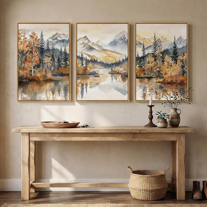 Framed Mountain Forest Landscape Wall Art for Living Room, 3 Piece Orange Neutral Scenic Print Canvas Artwork for Walls, Large Rustic Nature Autumn Picture Wall Decor for Dining Room Hallway, 24x36 In