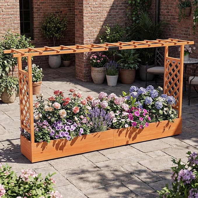 S AFSTAR Raised Garden Bed with Trellis, 2 Pieces Fir Wood Planter Box with Flat Roof & Drainage Holes, Vertical Planter Raised Bed for Climbing Plants, Flowers & Vegetables, 87" x 14" x 45" (Orange)