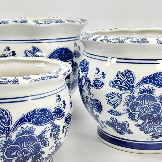 Galt International Floral Blue & White Round Porcelain Ceramic Plant Flower Planter Pot Set of 3 (8", 10", 12") Garden Pots Chinese Asian Design