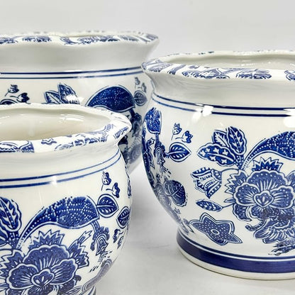 Galt International Floral Blue & White Round Porcelain Ceramic Plant Flower Planter Pot Set of 3 (8", 10", 12") Garden Pots Chinese Asian Design