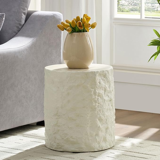 kevinplus Round Coffee Table Side End Table Set of 2 for Living Room, Modern Faux Stone Style, Fiberglass Material, No Assembly (Beige, 2-Pcs)