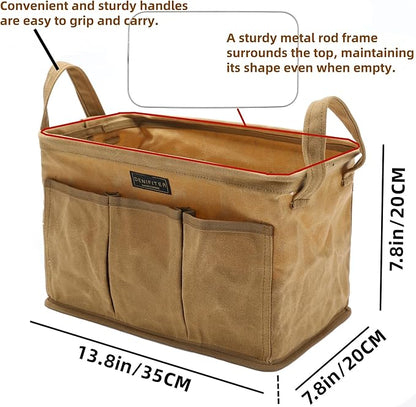 Heavy Duty 16oz Waxed Canvas Tool Bag, Rectangle Foldable Open Top Tool Bags with Handles,7 Pockets &13.8 x 7.8 x 7.8 Inches 3-Pack (Khaki)