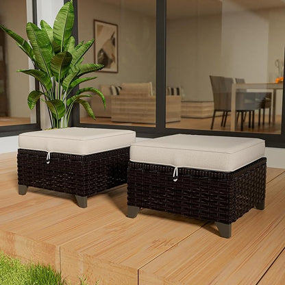VistaVibe 2 Pieces Patio Wicker Ottomans, Luxurious Footstools, Outdoor Small Footrest, Wicker Furniture with Removable Cushions, All-Weather PE Rattan, Garden, Backyard, Porch(Brown/Beige)