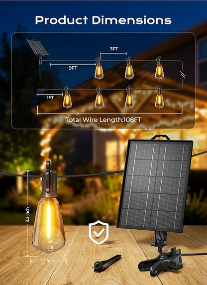 Brightown 108FT 50+2 LED Solar String Lights Outdoor Waterproof, Patio Lights with Remote and Shatterproof Bulbs, Dimmable & Timable, 3 Light Modes, Solar Lights Outdoor for Yard Garden Camping Party