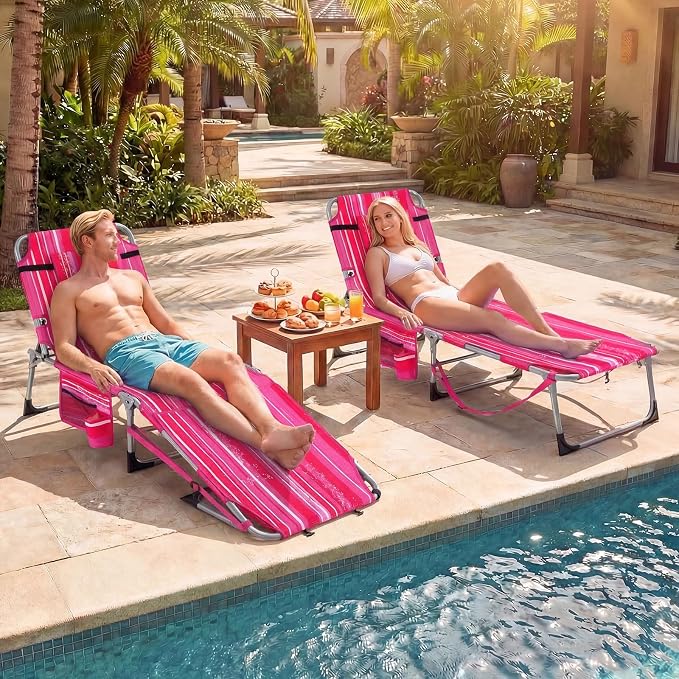 GYMAX Tanning Chair, 3 in 1 Sun Bathing Lounge Chairs with Face/Arm Holes & Side Pocket, Portable Lightweight Face Down Layout Tanning Chair for Outside, Beach, Backyard, Poolside (1, Pink Stripe)