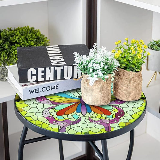 Arbuxzuy 2PCS 12 Inch Small Outdoor Side Table with Colorful Butterfly, Glass Mosaic Patio Table Indoor, Round Plant Coffee Table for Living Room, Balcony, Garden