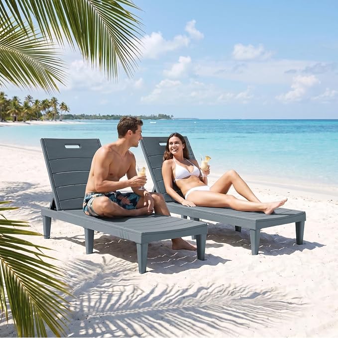 Greesum Outdoor Chaise Lounge Chairs Set of 4 with 5-Position Adjustable Backrest, Waterproof PP Sun Loungers for Garden Pool Beach Patio Deck Sunbathing, Grey