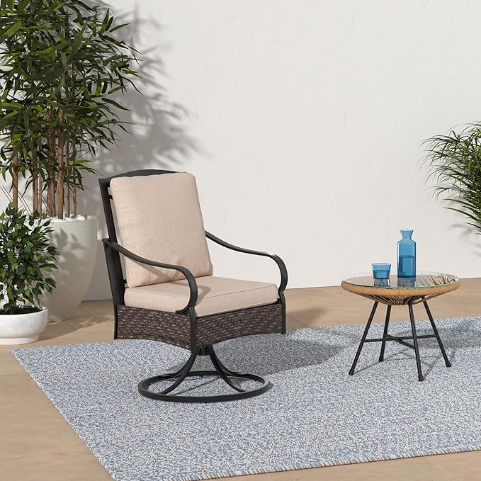 PHI VILLA Patio Swivel Chairs Set of 2, Heavy Duty Outdoor Metal Wicker Dining Chair with Thickened Cushions, Large All Weather Wrought Iron Deck Chair Lawn Furniture Support 300lbs