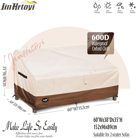 2-Seater Outdoor Couch Cover,60"Wx38"Dx35"H Inches Patio Loveseat Cover,100% Waterproof Heavy Duty Patio Sofa Covers,Patio Furniture Covers,Beige&Brown
