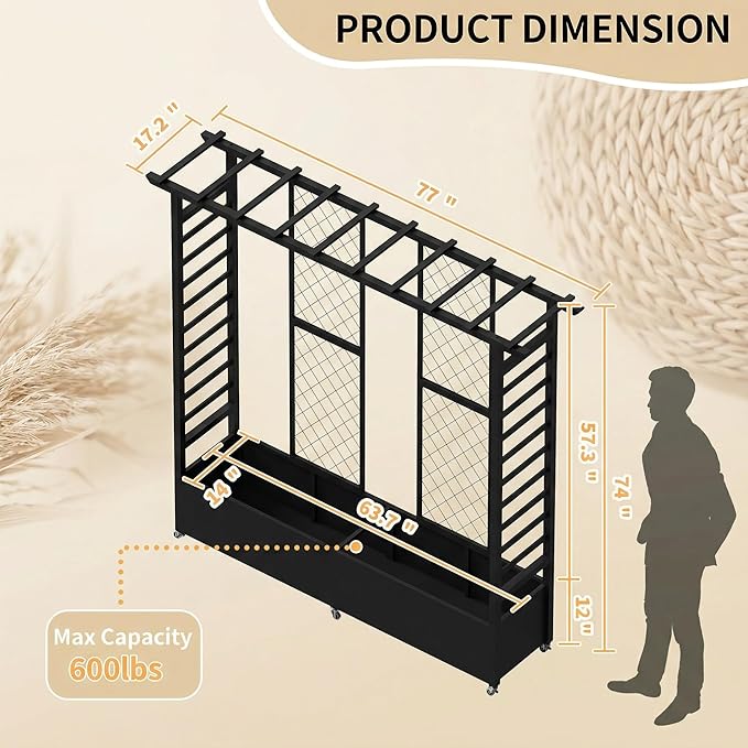 74" Mobile Planter with Trellis,Weatherproof Vertical Raise Garden Bed with Trellis & Hanging Roof for Climbing Plants,Flowers,Vegetables,Rust-Proof Metal Privacy Planter for Patio (Black-B)