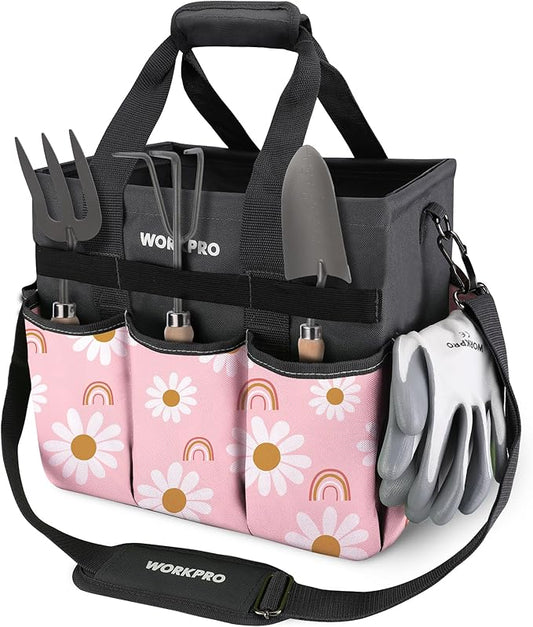 WORKPRO Garden Tool Bag Organizer, Heavy Duty Gardening Tote Bag with 10 Pockets and Long Adjustable Shoulder Strap, Standable Garden Home Tool Kits Organizer, Floral Pink - Pink Ribbon