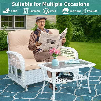 MEETWARM Wicker Patio Coffee Table, 34.5" Rectangle Outdoor Coffee Table with Tempered Glass Top and 2-Tier Storage Shelf, All-Weather Rattan Patio Side Table for Outside Poolside Deck Garden, White