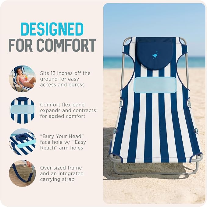 Ostrich the Ladies Comfort Lounger with Chest Support, Foldable & Portable Reclining Outdoor Patio Beach Lawn Camping Pool Tanning Chair, Blue Stripe