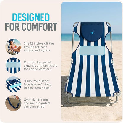 Ostrich the Ladies Comfort Lounger with Chest Support, Foldable & Portable Reclining Outdoor Patio Beach Lawn Camping Pool Tanning Chair, Blue Stripe
