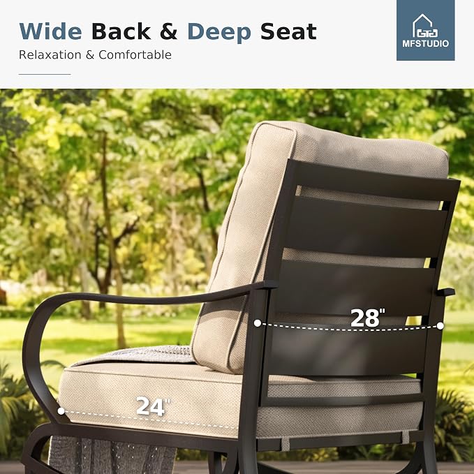 MFSTUDIO 5 Pieces Patio Conversation Sets,Outdoor Metal Furniture Sofas with 1 x 3-Seat Sofa, 2 x Rocking Chairs,2 x Ottoman,Wrought Iron Frame with Beige Cushion for Patio Courtyard Balcony