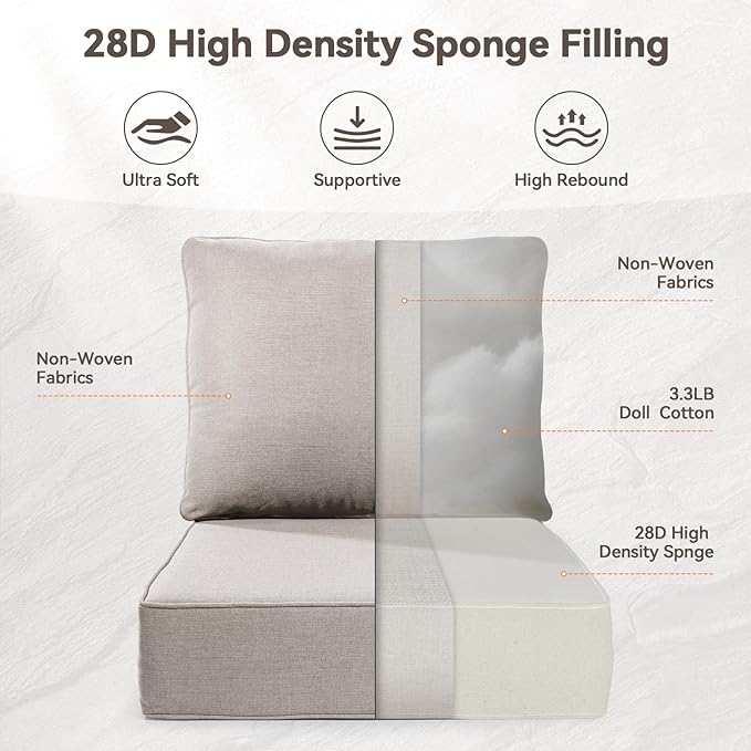 Luxury 6" Outdoor Cushions for Patio Furniture, 24x24x6" Thick Seat Cushion Set of 6, Fade Resistant Couch Chair Replacement Cushions High Density Deep Wicker Chair Cushion w/ Removable Cover, Beige