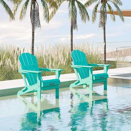 MUCHENGHY Folding Adirondack Chairs, Patio Chairs, Lawn Chairs, Outdoor Chair, Adirondack Chair Plastic, Fire Pit Chairs, Weather Resistant with Cup Holder for Deck, Backyard, Garden(Lake Blue)