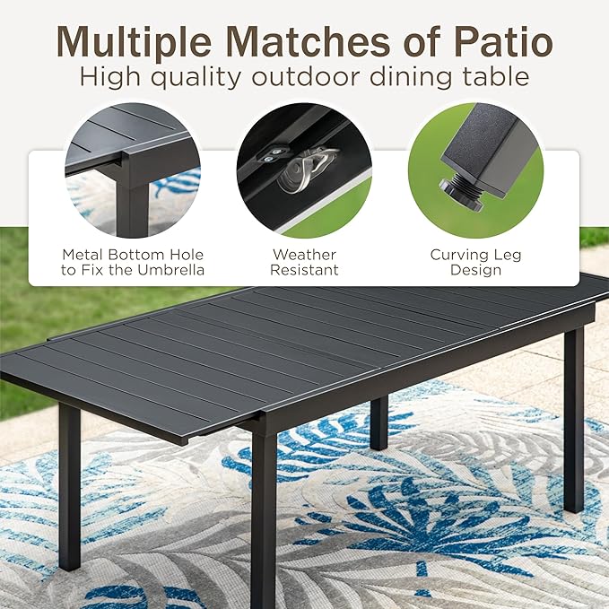 PHI VILLA 7 Piece Outdoor Expandable Dining Table Set for 6, Extendable Rectangular Metal Steel Table and Cushioned Rattan Chairs for Patio, Deck, Yard