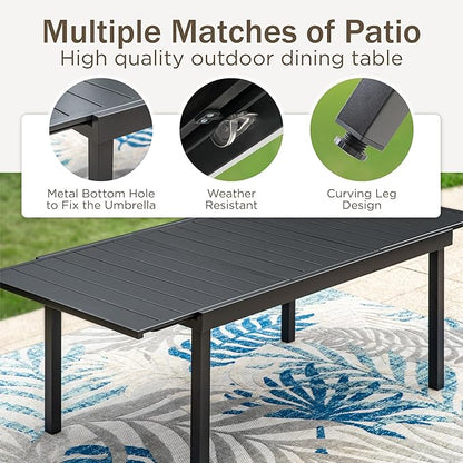 PHI VILLA 7 Piece Outdoor Expandable Dining Table Set for 6, Extendable Rectangular Metal Steel Table and Cushioned Rattan Chairs for Patio, Deck, Yard