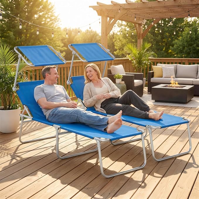 Outsunny Outdoor Lounge Chairs Set of 2, Adjustable Folding Chaise Lounges, Tanning Chairs with Sun Shade for Beach, Camping, Hiking, Backyard, Blue