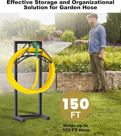 Artigarden Outdoor Garden Hose Holder Freestanding with 4 Spikes, Heavy Duty Metal Water Hose Reel Stand Hanger Rack Organizer Holds Storage 150ft Hose for Outside Yard Lawn, Black