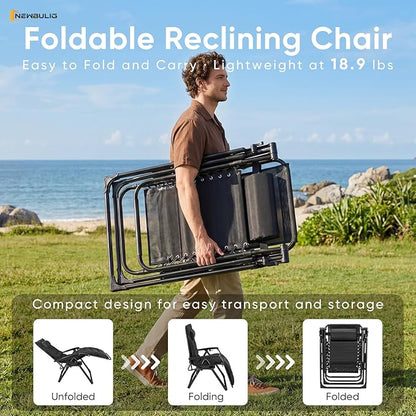 NEWBULIG Set of 2 Zero Gravity Chair, Folding Patio Recliner with Removable Cushion & Cup Holder Trays, Portable Lounge Chair for Beach & Camping, Classic Black
