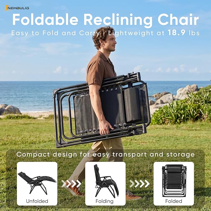 NEWBULIG Zero Gravity Chair, Folding Patio Recliner with Removable Cushion & Cup Holder Trays, Portable Lounge Chair for Beach & Camping, Classic Black