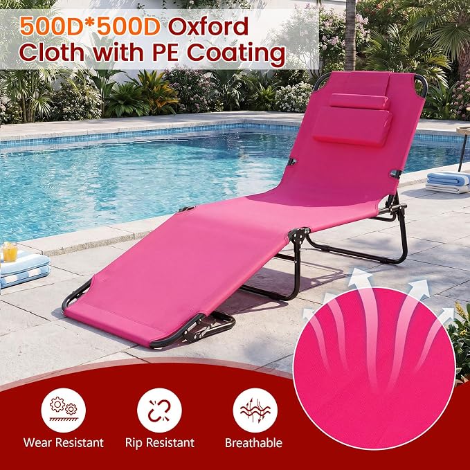 Giantex Folding Beach Tanning Chair - Adjustable Patio Lounge Chair w/Face Hole, Removable Pillows, Carry Strap, Layout Chair, Sunbathing Chaise Lounge Outdoor for Poolside Yard Lawn (2, Pink)