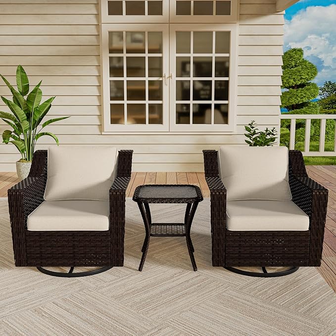 VistaVibe 3 Pieces Outdoor Patio Conversation Furniture Set - 360 Degree Swivel Glider Rocker Chairs | Wicker End Table, Washable Cushions, Hand-Woven PE Rattan, Lawn, Sunroom (Brown/Beige)