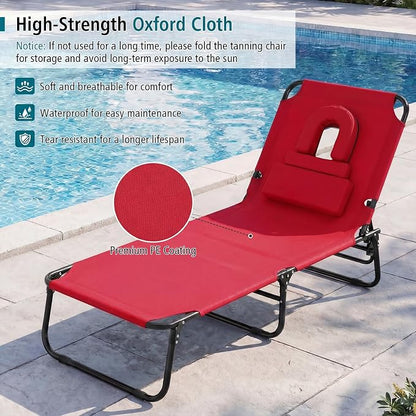 GYMAX Tanning Chair, 330lbs Beach Lounge Chair with Face Hole, Detachable Washable Pillow & Carry Strap, Adjustable Folding Chaise Lounge, Layout Chair for Outside, Patio, Poolside, Lawn (2, Red)