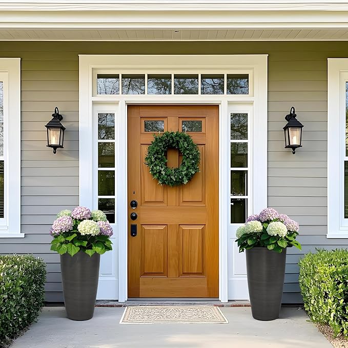 22.8" Large Planters Pot Set of 2 Flower Pots Tall Pots for Plants with Modern Handmade Brushed Metal Finish, Weather-Resistant for Indoor, Outdoor, Deck and Porch, Black