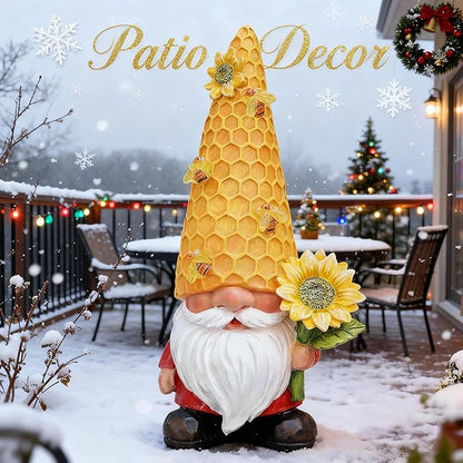 12.3''Garden Gnomes Outdoor Statues Clearance for Garden Decor with Solar Bee Lights,Christmas Decorations Gnomes Outside Decor - Sunflower Gift for Women Mom,Yard Art Ornament for Patio Lawn