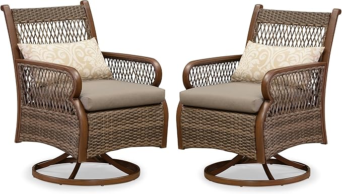 PURPLE LEAF Patio Swivel Dining Chairs Set of 2 Modern Wicker Outdoor Dining Chairs with Thick Cushions and Soft Pillows All Weather Aluminum Patio Chairs for Garden Porch Lawn