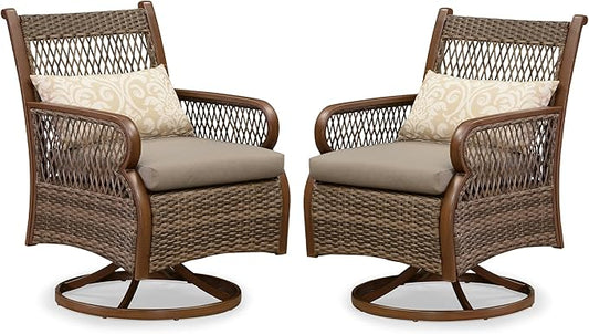 PURPLE LEAF Patio Swivel Dining Chairs Set of 2 Modern Wicker Outdoor Dining Chairs with Thick Cushions and Soft Pillows All Weather Aluminum Patio Chairs for Garden Porch Lawn