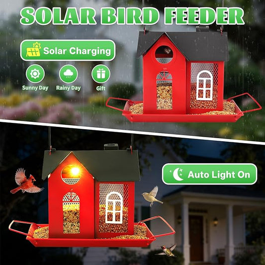 Solar Bird Feeder for Outdoors - Red Metal Hanging Bird Feeder with Solar Light, Decorative for Wild Cardinals, Finches, Weatherproof Backyard Garden Decor Ideal Gift for Women Mom Grandma
