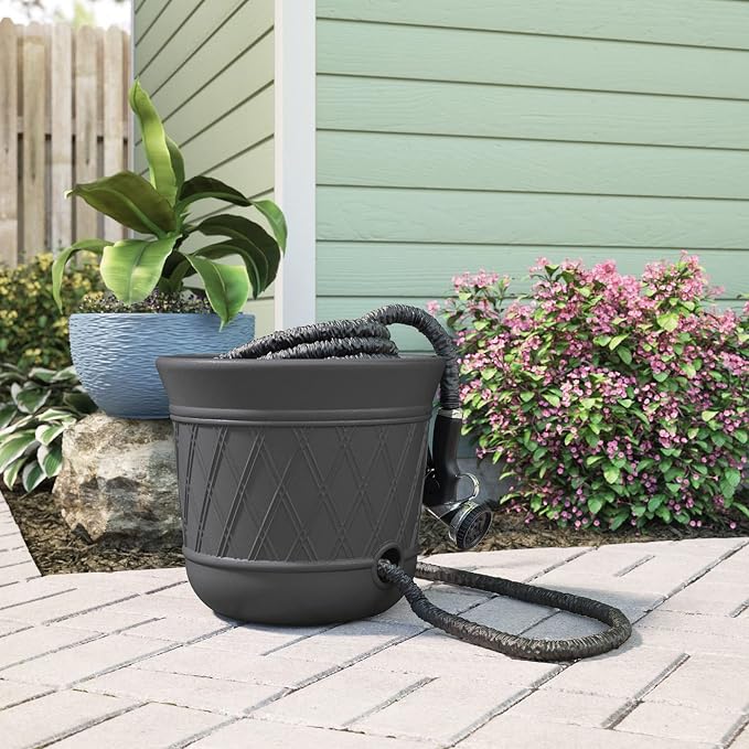 Suncast 2 Pack 14" x 12" Round Resin Decorative Weatherproof Outdoor Hideaway Standard Garden Hose Storage Pot with Drainage Holes, Gray