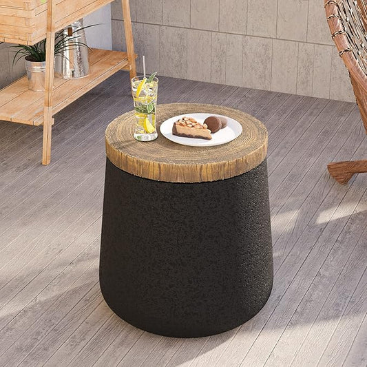 HOMPUS Outdoor Concrete Side Table, Patio Black Side Table, Small Outdoor Accent End with Wood Grain Top, Cylinder Shaped Round for Patio, Outside, Black