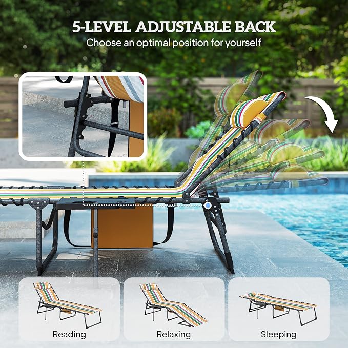 Outsunny Folding Chaise Lounge Chair Outdoor Tanning Chair Mixed Color | Side Table, 5-Level Adjustable Beach Lounger, Headrest, Side Pocket, Patio Backyard Beach Poolside