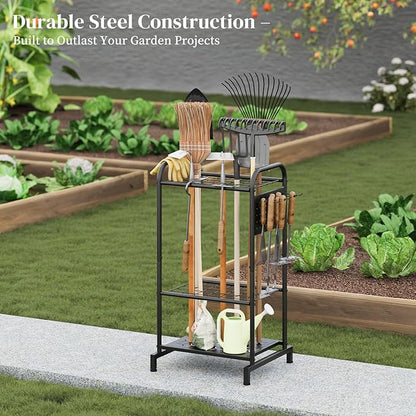 Garden Tool Organizer with Hooks Yard Tool Rack Heavy Duty Steel Yard Tool Organizer and Garden Storage Holder Broom Holder for Shed, Patio, Outdoor Indoor