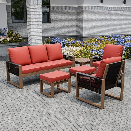 Rustic Hideaway Natural Cedar Wood Outdoor Furniture Set, Wicker Patio Conversation Set for Porch Garden Backyard, Couch, 2 Patio Chairs, Side Table and 2 Ottomans, 6 Piece, Brownish/Red