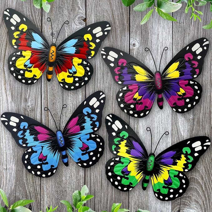 Metal Butterfly Wall Art Outdoor Decor - 4 Pack 9.8in Butterflies Wall Sculpture Hanging Decor for Home Yard Patio Garden Decoration (4 Colors)
