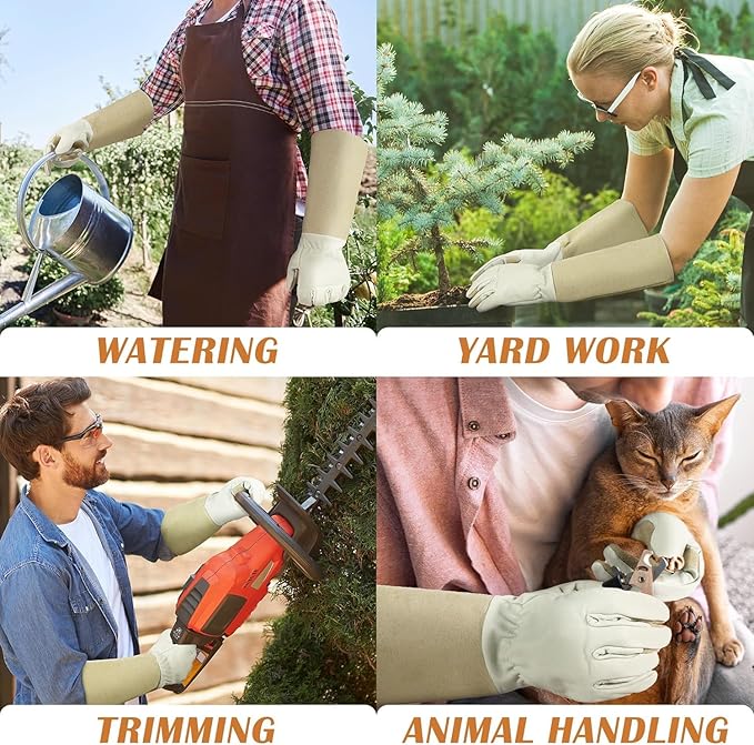 Rose Pruning Gloves for Men & Women, Long Thorn Proof Gardening Gloves, Breathable Pigskin Leather Gauntlet, Best Garden Gifts & Tools for Gardener(Beige White, S)