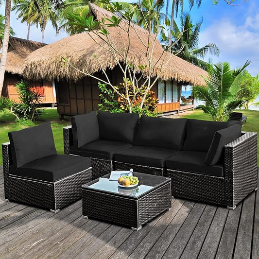 HAPPYGRILL 5 PCS Patio Furniture Set Outdoor Rattan Wicker Sofa Set with Coffee Table Sectional Sofa Conversation Set with Pillows Cushions for Backyard Porch Garden Poolside
