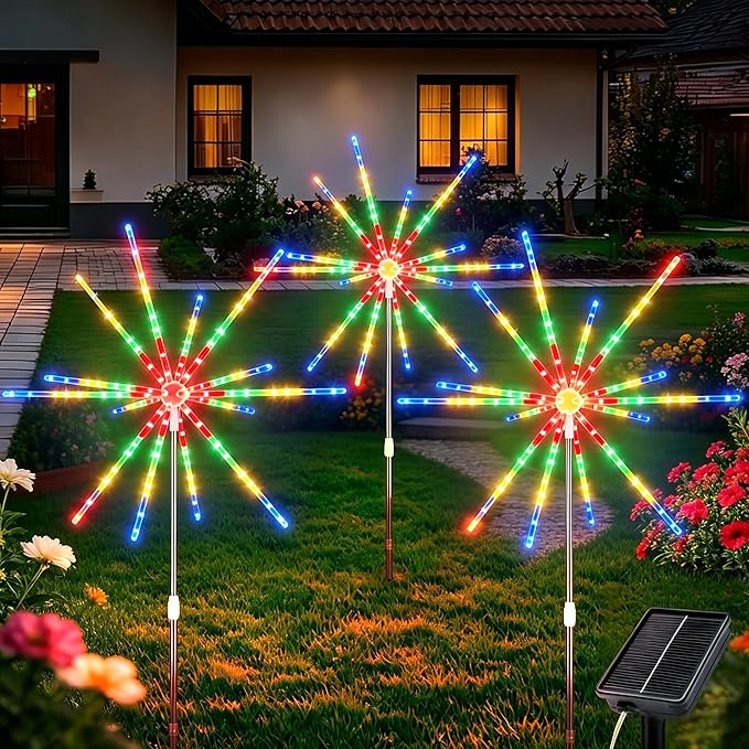 CCILAND 3 Pack Solar Firework Lights Outdoor, 336 LEDs Solar Starburst Garden Lights with Timer 8 Modes, Waterproof Decorative Lights for Yard Patio Walkway Pathway Party Wedding (Multicolor)