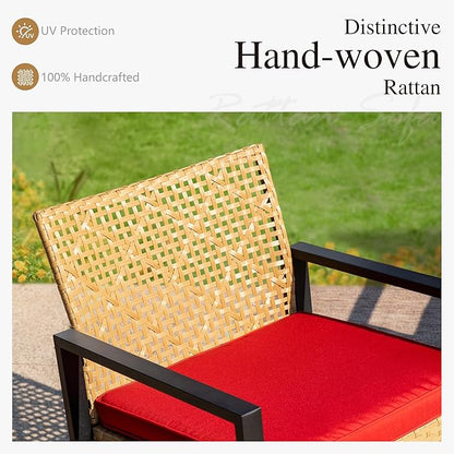 Sophia & William 4 Pieces Patio Conversation Set, Wicker Outdoor Furniture Set for 4, All Weather Outdoor Seating Set, Rattan Loveseat & Chairs with Cushions & Coffee Table, Yellow and Red